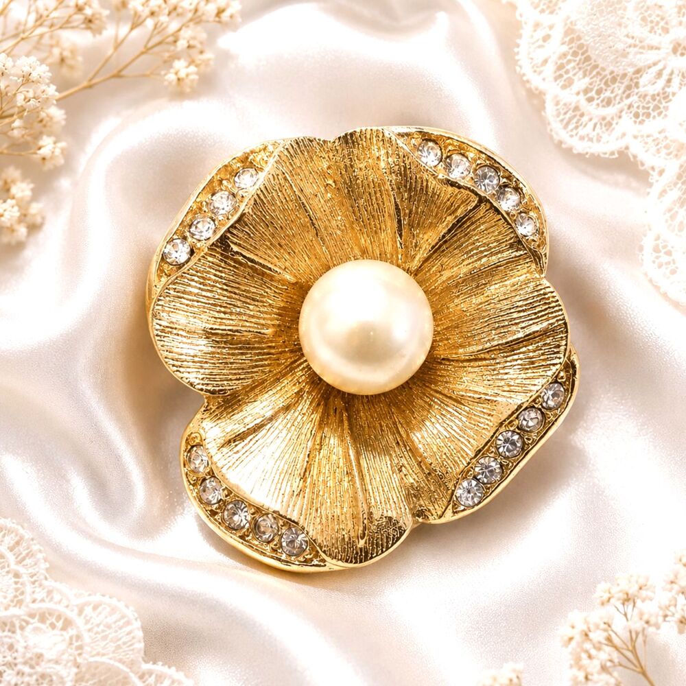 Vintage Christian Dior 1980's Gold Tone Faux Pearl Crystal Flower Brooch